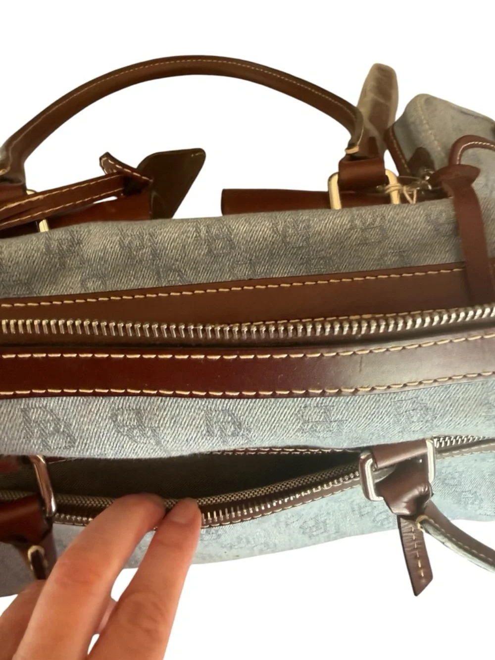 Dooney & Bourke NWT Double Pocket Tote Blue Denim and Brown Leather Bag